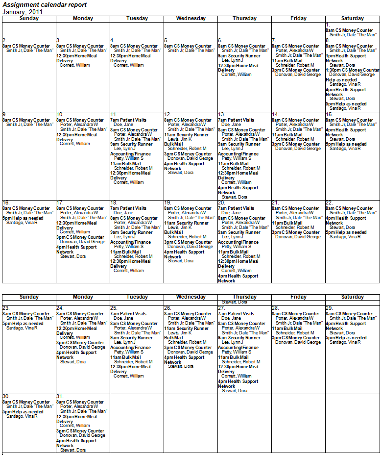 Sample Monthly Assignment Calendar RTF Report