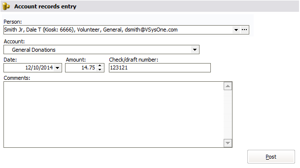 Account record entry window showing a donation for $147.50