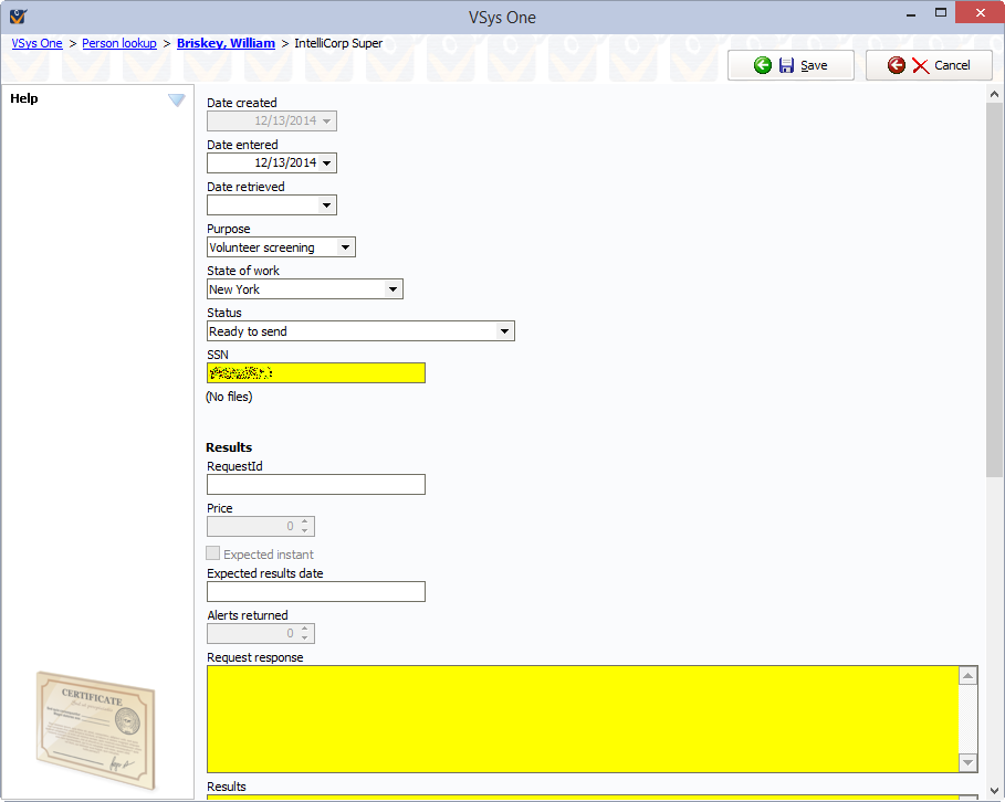 Background check request screen shown for ChoicePoint