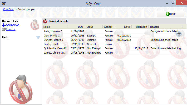 Banned people tool screen