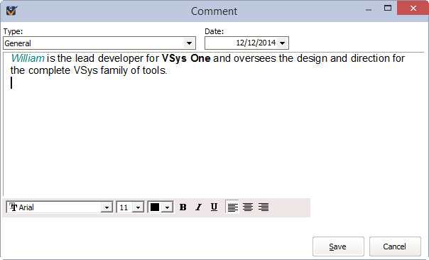 Comment window for adding a comment to a person