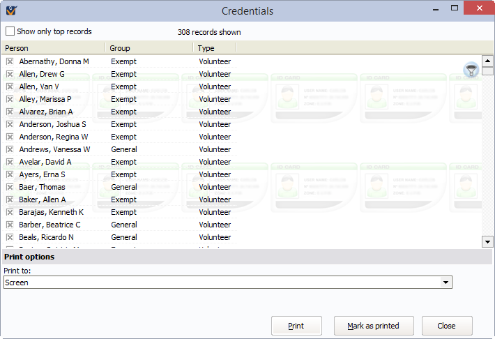 Credentials window showing volunteer credentials to be printed