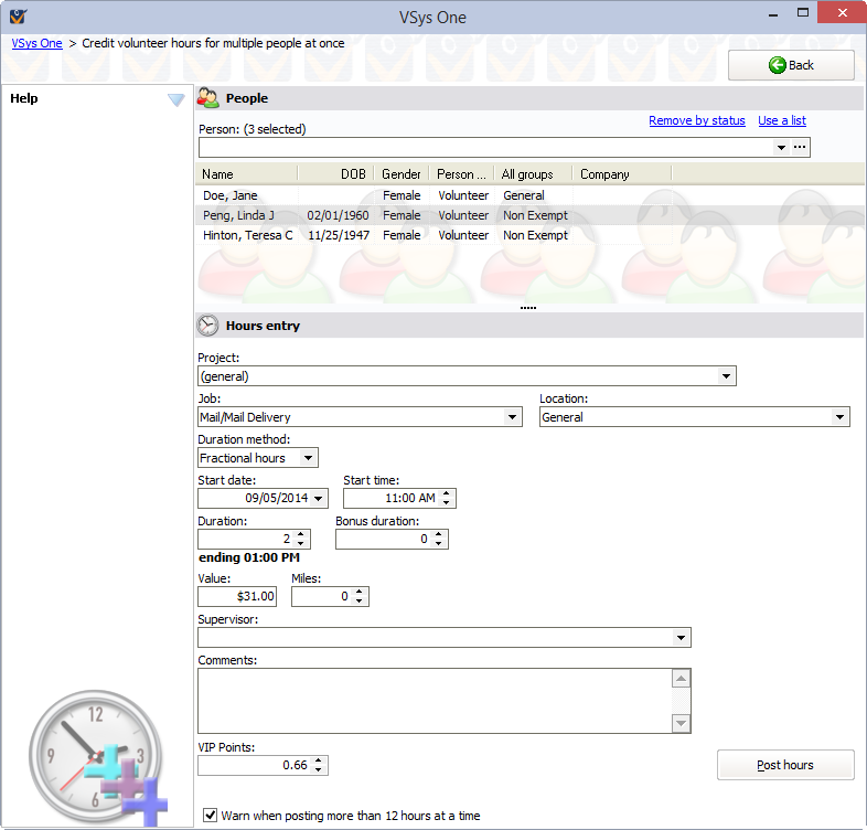 Screen for Crediting Hours for Multiple People at once
