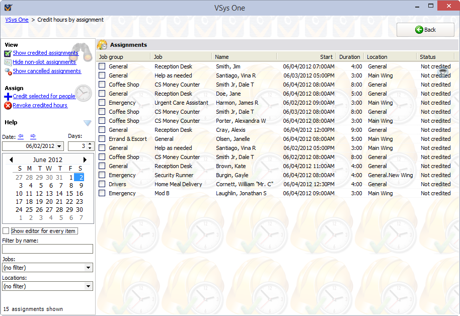 Crediting Hours by Assigment screen