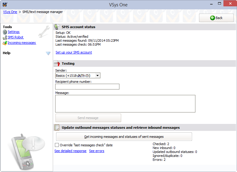 SMS/text message manager screen