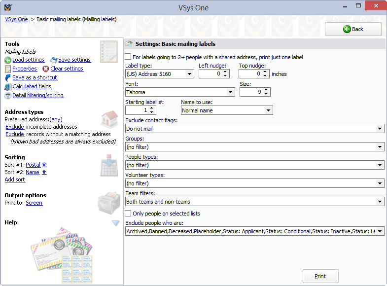 Basic mailing labels merge screen