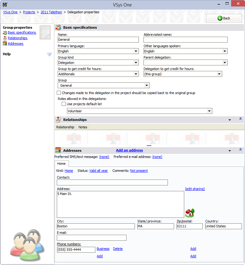 Delegation properties screen