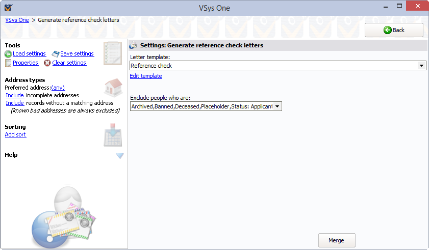 Print reference check letters screen