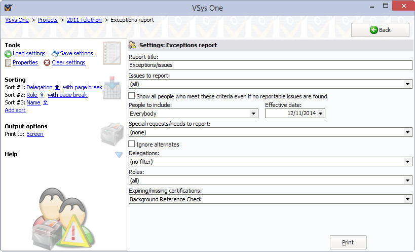 Exceptions/people with issues report screen