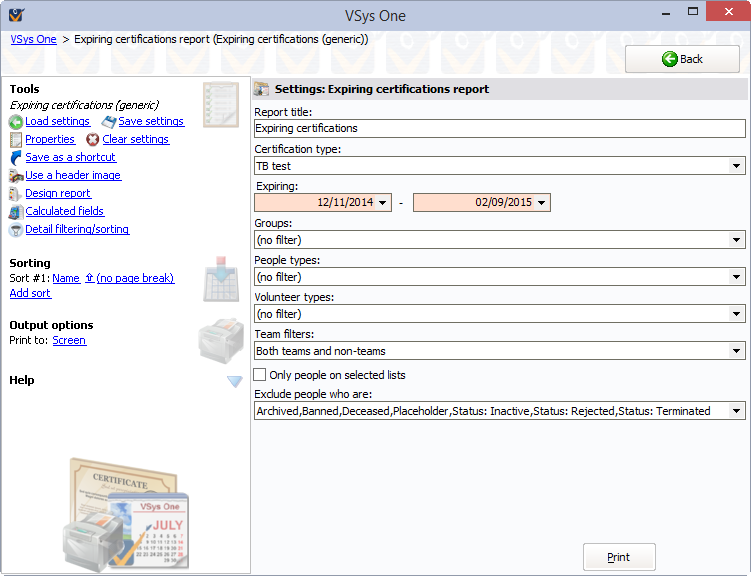 Expiring certifications reports screen