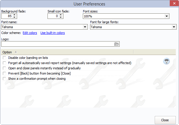 User preferences window