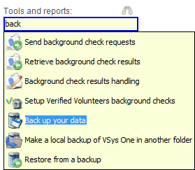 Search tools and reports from main VSys screen