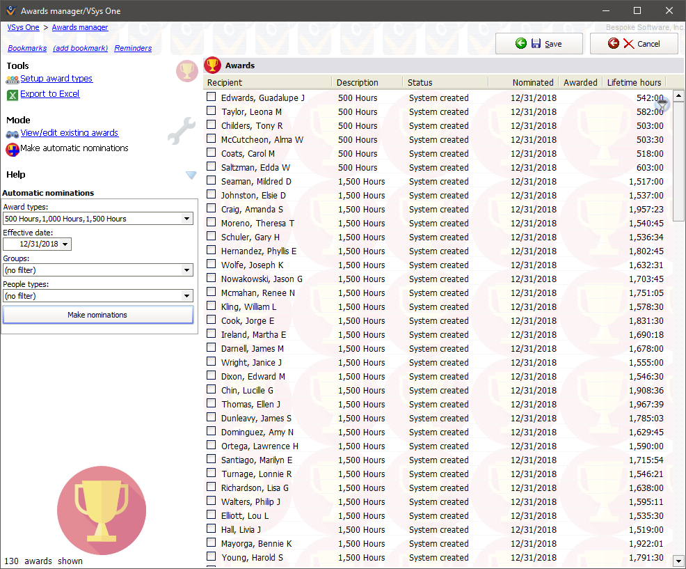 Awards manager screen showing automatic nominations