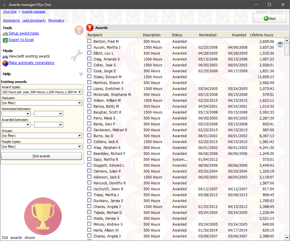 Awards manager screen showing existing awards