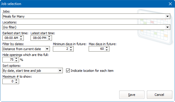 Job slot selection definition window for data field in VSys Web custom application