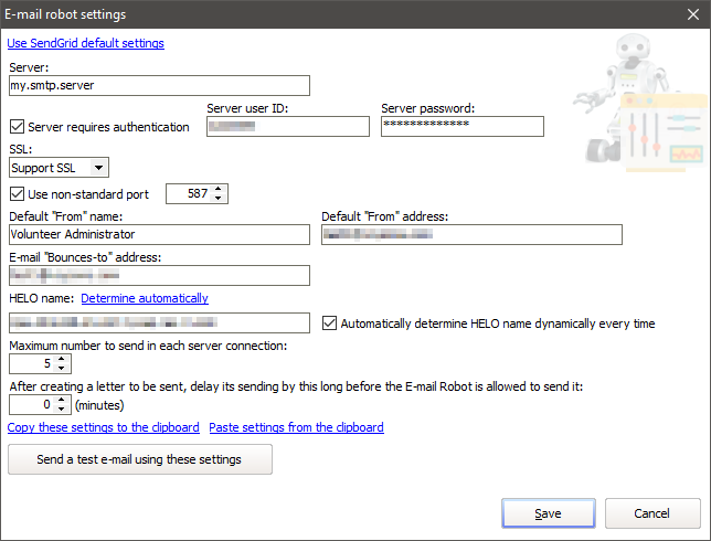 SMTP e-mail robot settings window