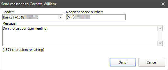 Send quick SMS message composition window