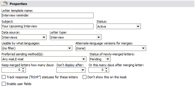 Letter template properties window for an interview reminder