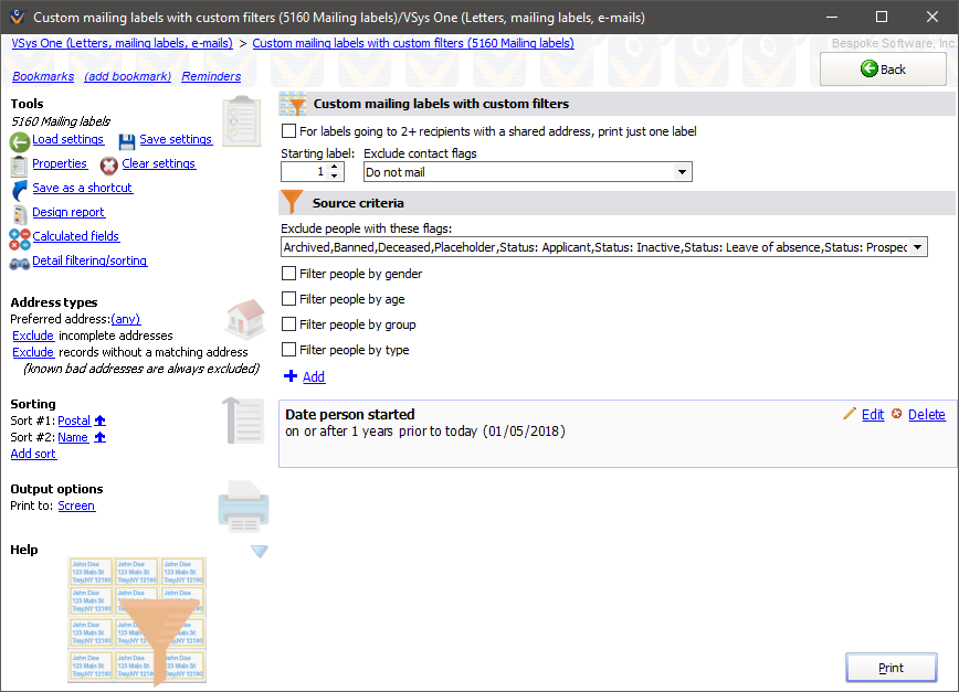 Custom mailing labels screen with added "date started" filter