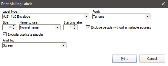 Print mailing labels window