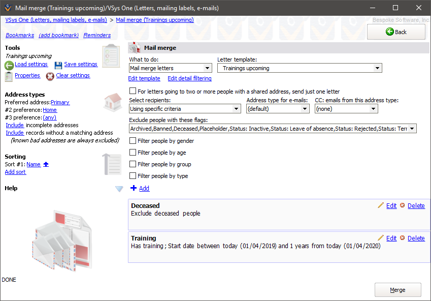 Mail merge screen showing a merge for upcoming trainings letters