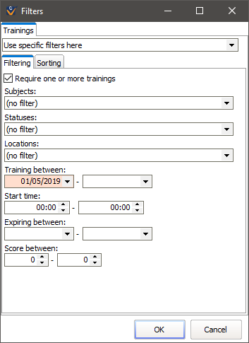 Filter window for subletters showing a required training