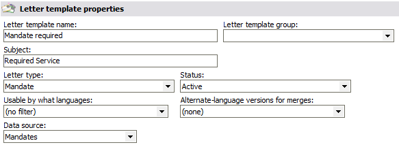 Letter template properties window showing a madate required setting
