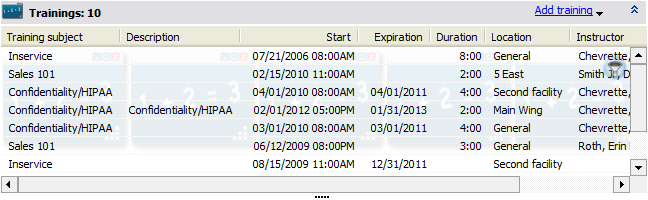 Trainings panel in the Profile Editor