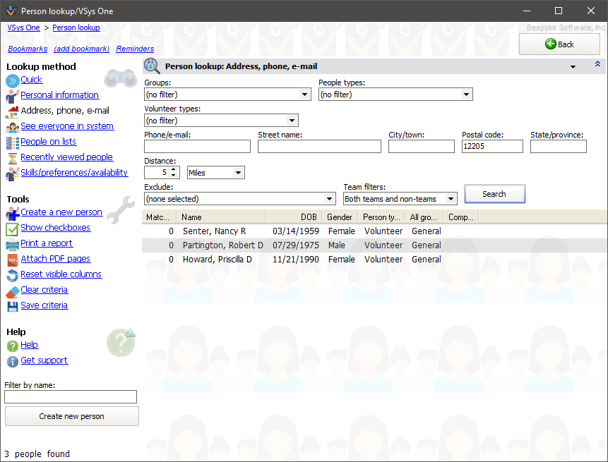 Person lookup screen showing search by zip code proximity