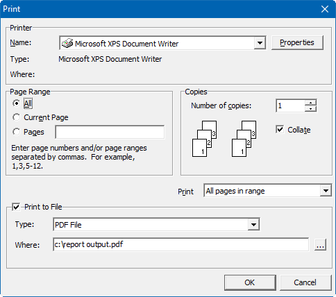 Print dialog window showing printing to a PDF