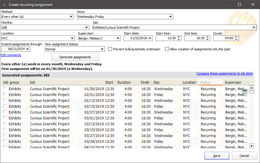 Create Recurring Assingment window showing a sample Home Meal Delivery job assignment