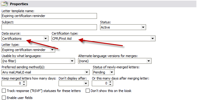 Letter template properties window for a certification reminder