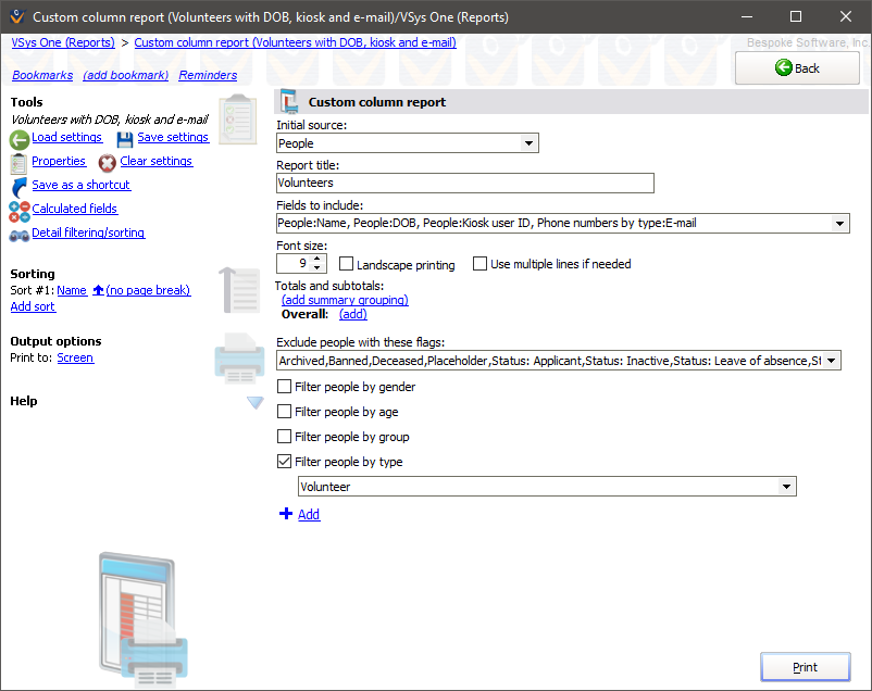 Custom column reports screen showing Volunteers with DOB, kioks and e-mail settings