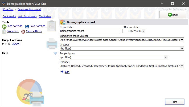 Demographics report screen