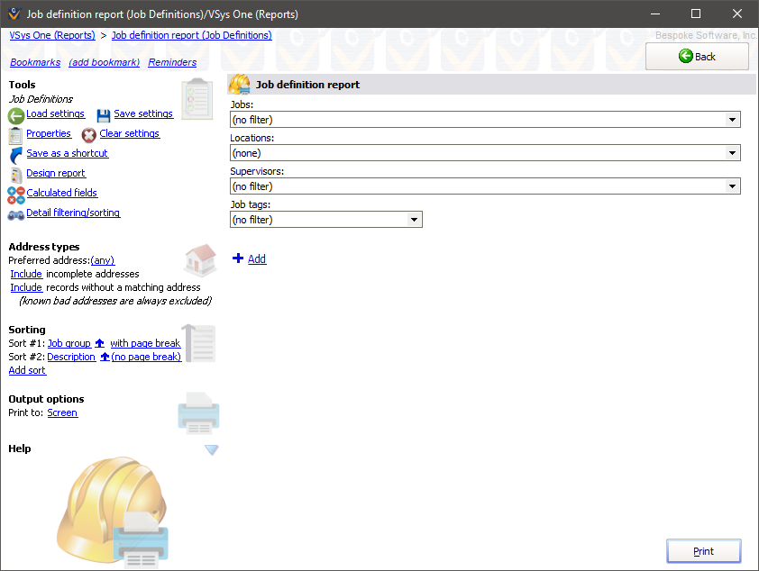 Job definition reports screen showing Job Listing with Locations settings