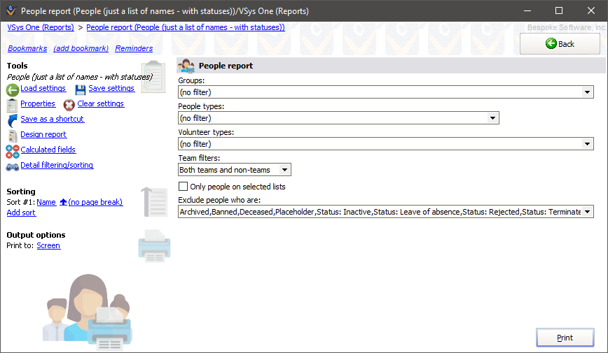 People reports screen showing People (just a list of names) settings