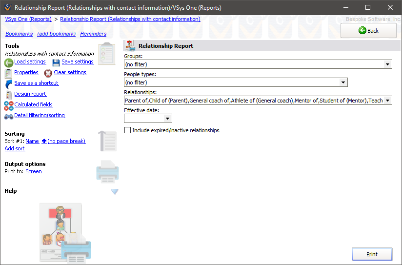 Relationships reports screen showing Relationships with Contact Information settings