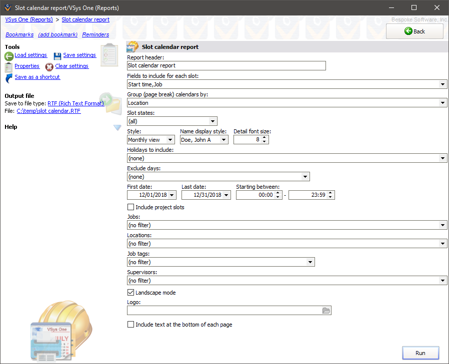 Slot calendar report screen