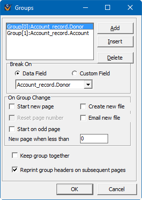 Report grouping window from report designer