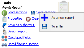 Tools panel in reports showing Save settings