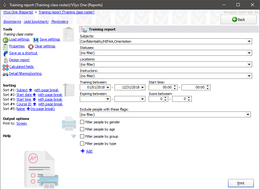 Training rosters reports screen showing Training Details settings