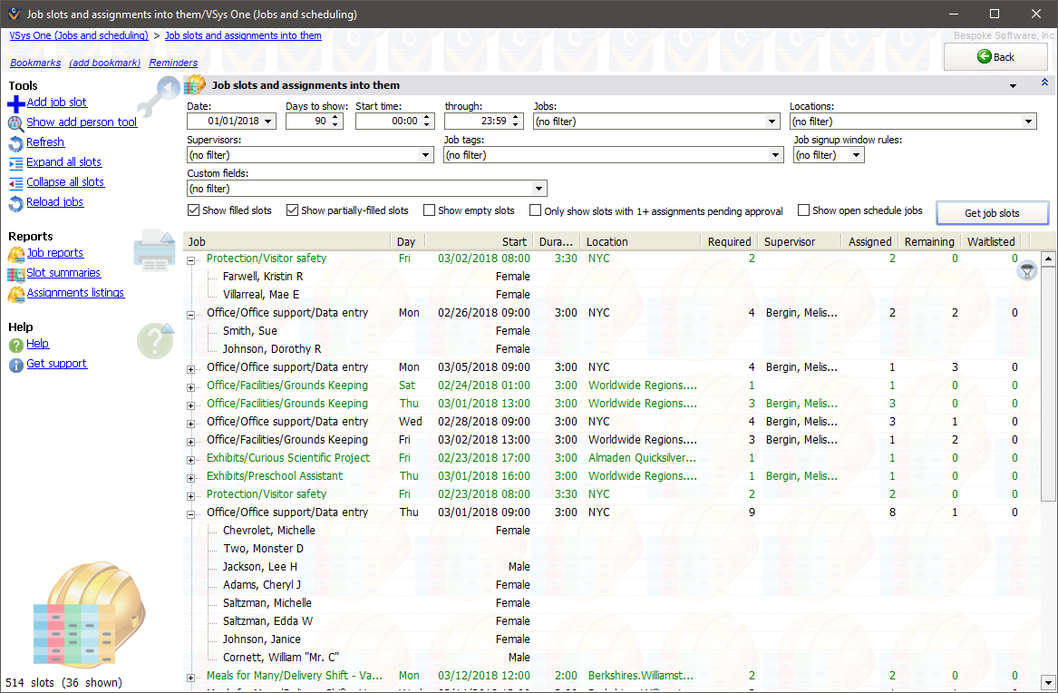 Job slots and assignments into them screen