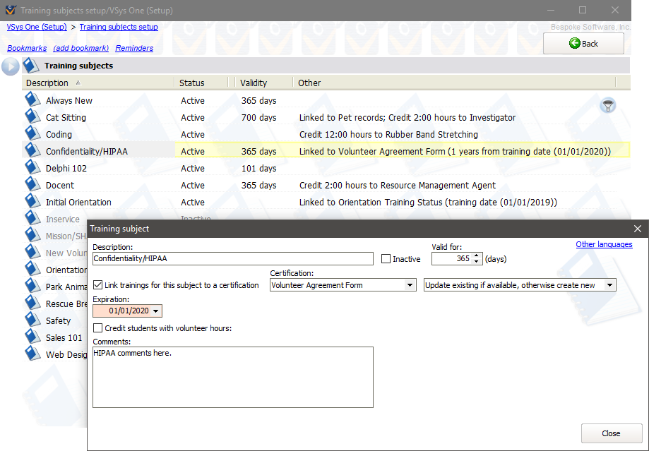 Training subjects setup screen